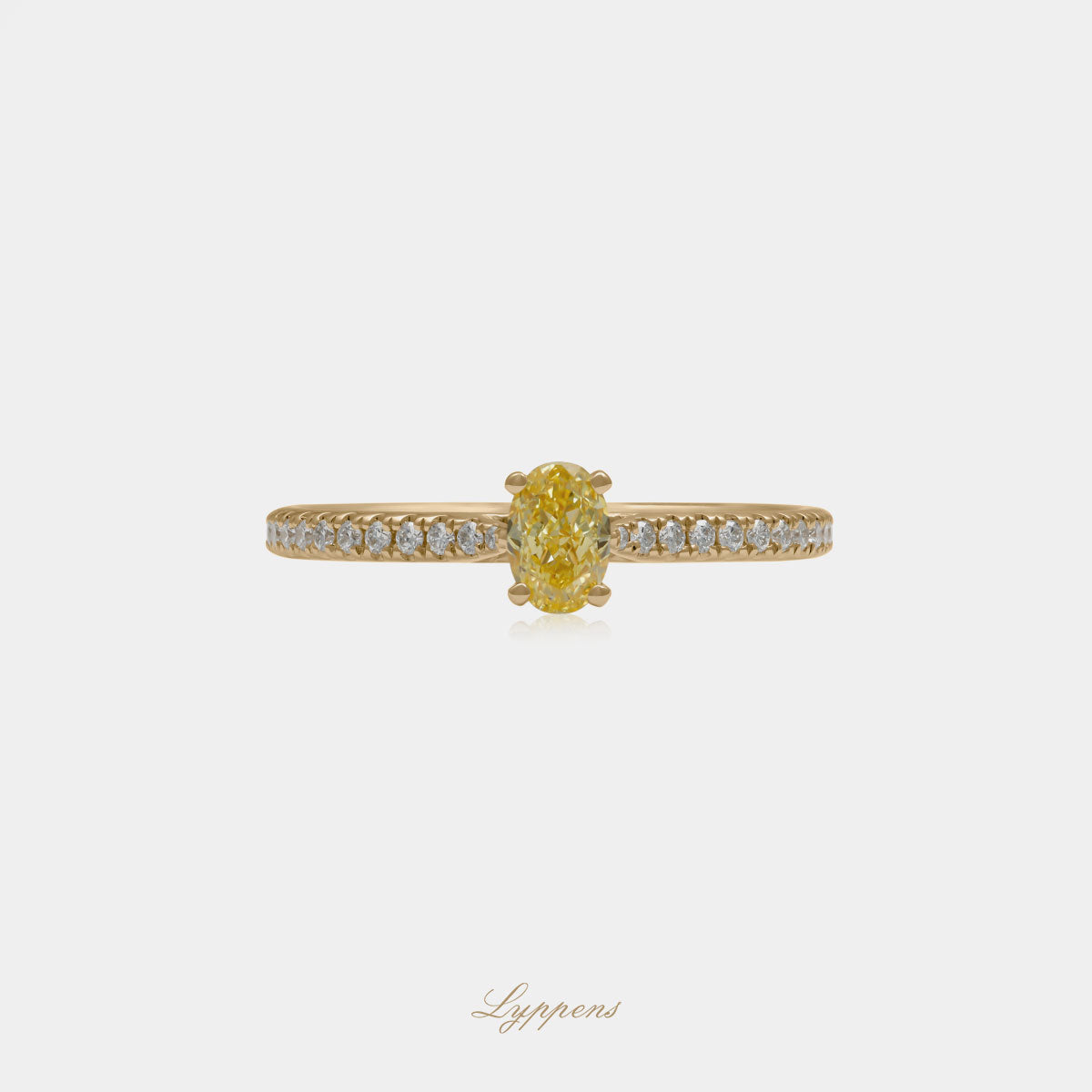 18kt geelgouden solitair ring met ovaal geslepen fancy yellow GIA diamant en pavé gezette diamanten