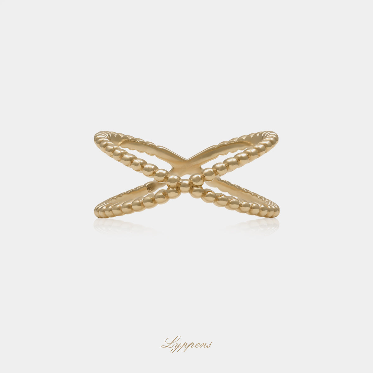 14kt geelgouden pareldraad ring met twee elegant kruisende banen