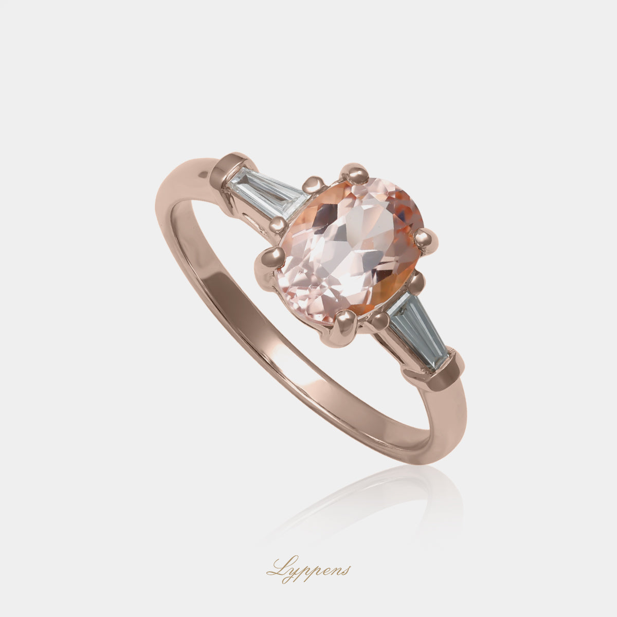 14kt roségouden ring met ovaal morganiet en tapered baguette diamant 0.18ct H SI