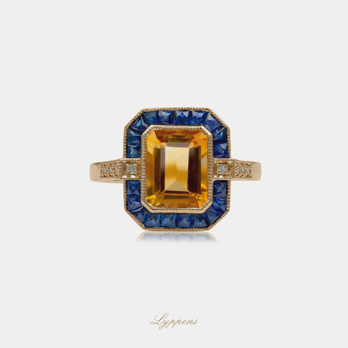 14 karaat geelgouden ring met citrien, saffier en briljant diamant 0.06ct