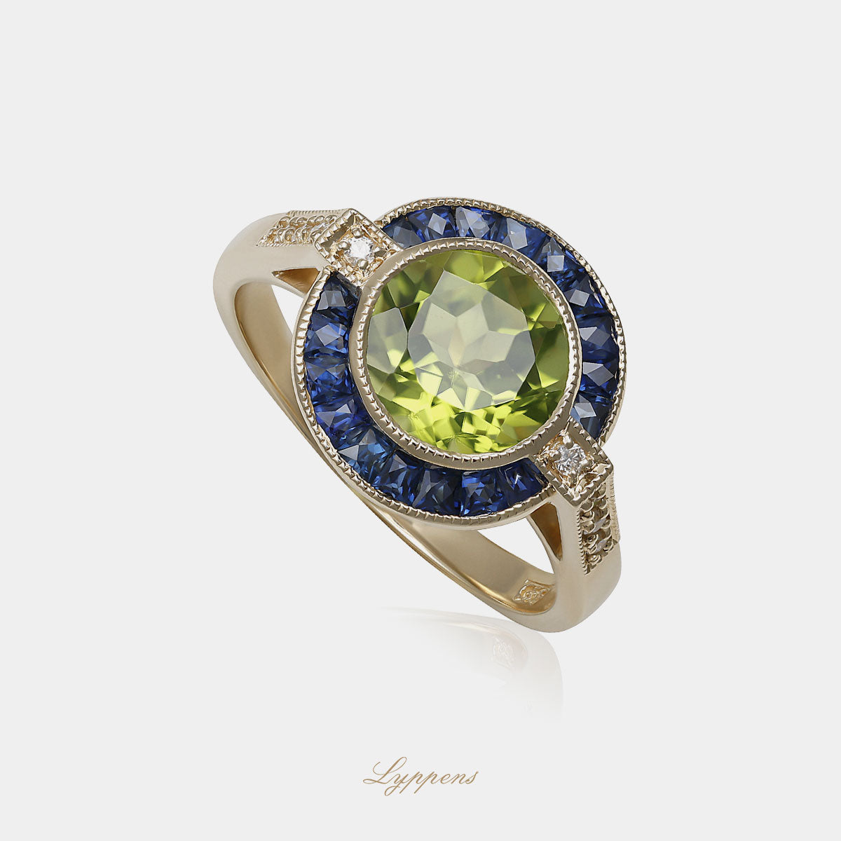 14kt geelgouden entourage ring met rond peridoot, saffier en diamant 0.06ct H SI