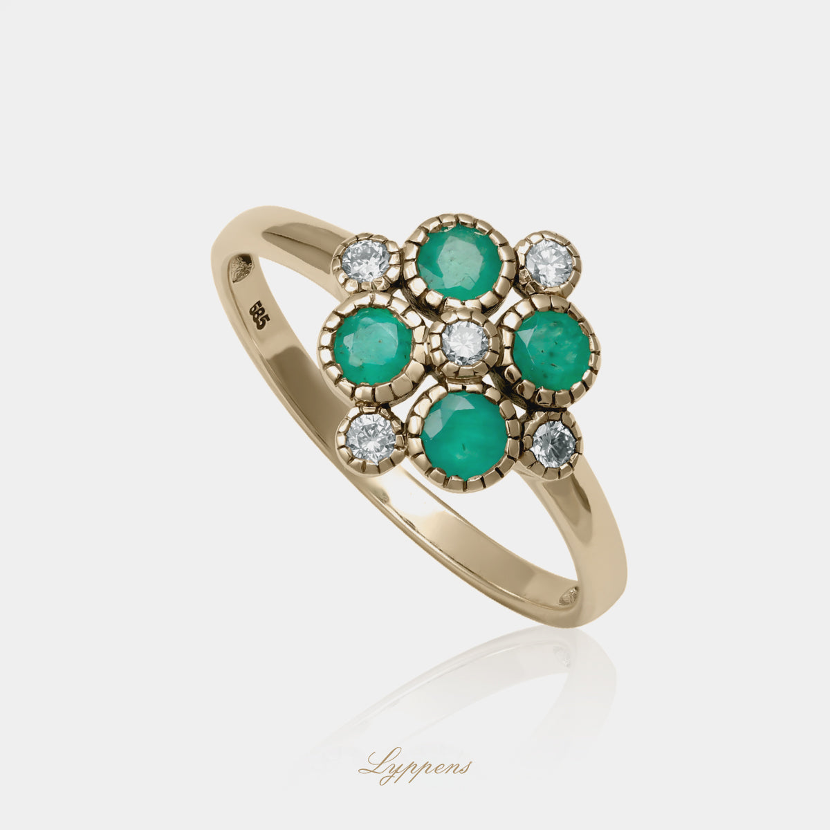14kt geelgouden ring in bloemmotief, bezet met smaragd en diamanten