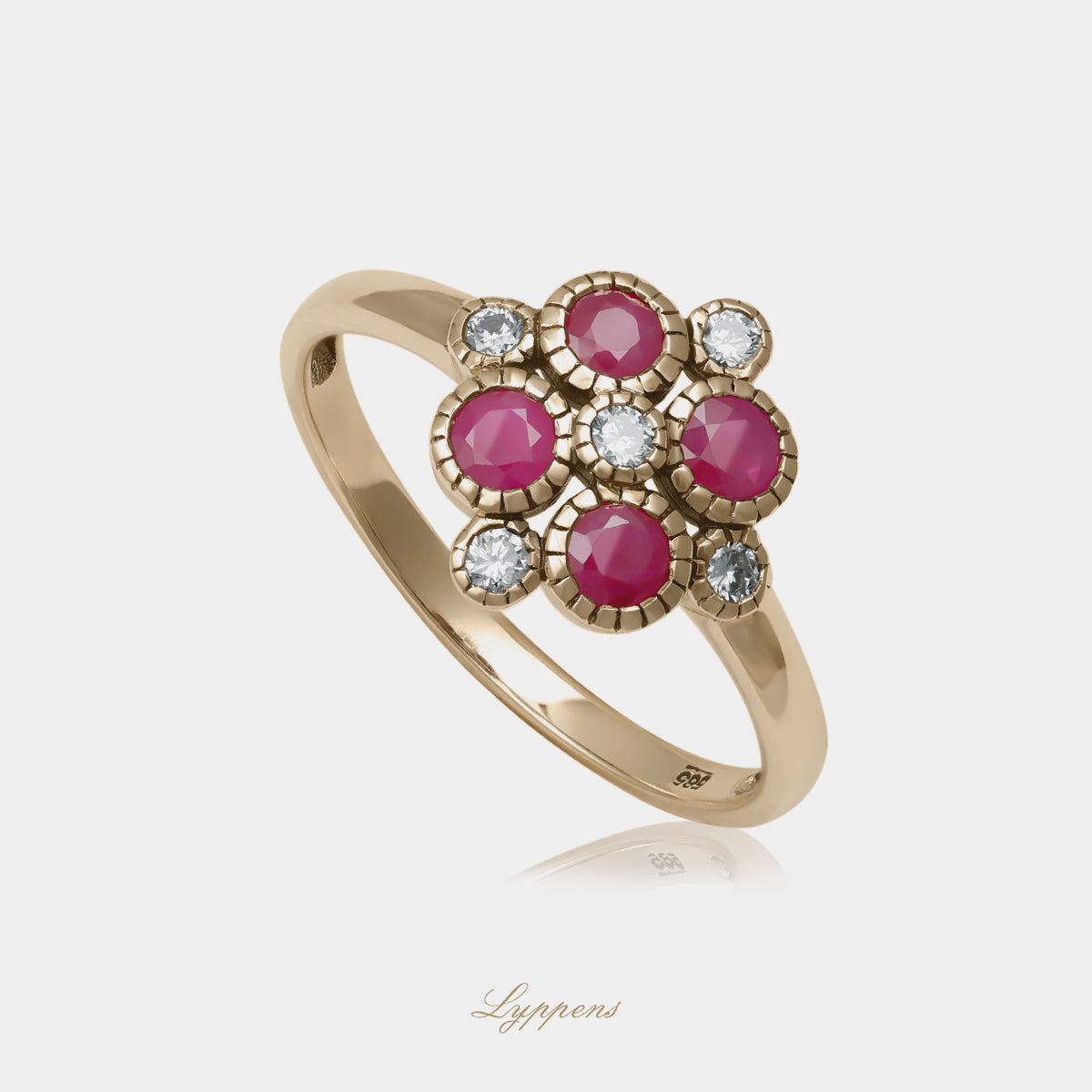 14kt geelgouden bloem ring met robijn en briljant diamant 0.13ct H SI