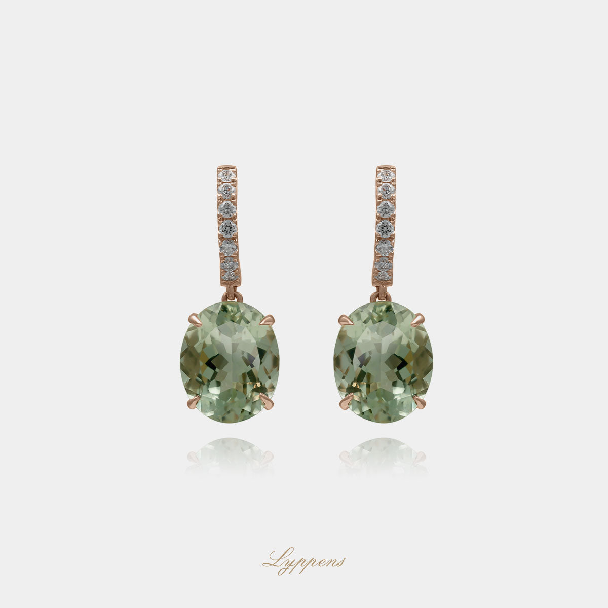 14kt roségouden oorringen met briljant diamant 0.27ct H SI1 en druppelvormige prasioliet