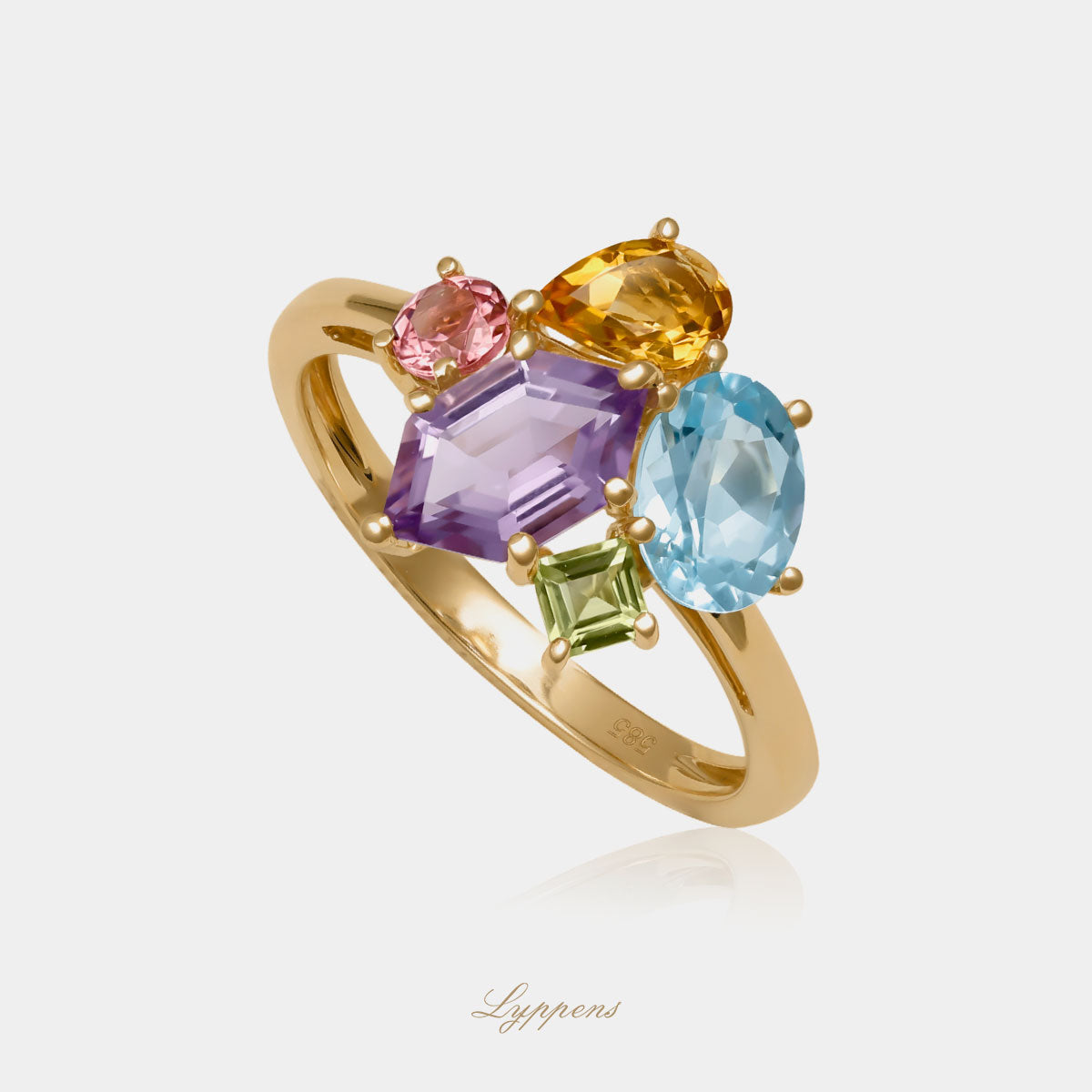 14kt geelgouden ring bezet met kleurrijke edelstenen in ronde, ovale, druppel-, vierkante en hexagon slijpsels