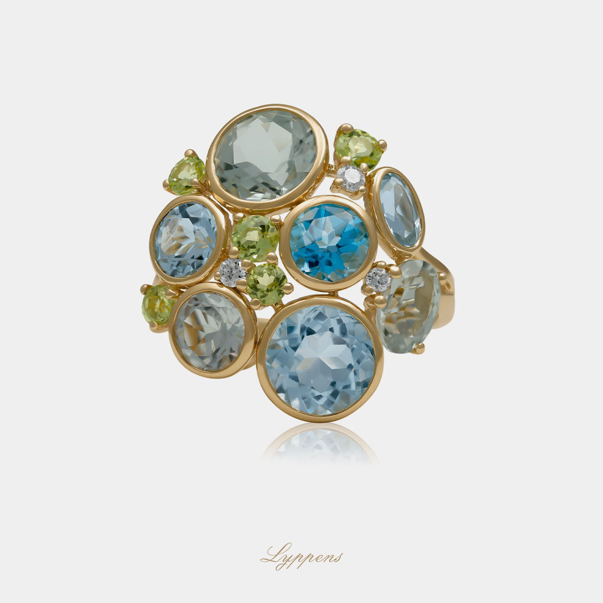 Geelgouden ring met topaas, prasioliet, peridoot en diamant