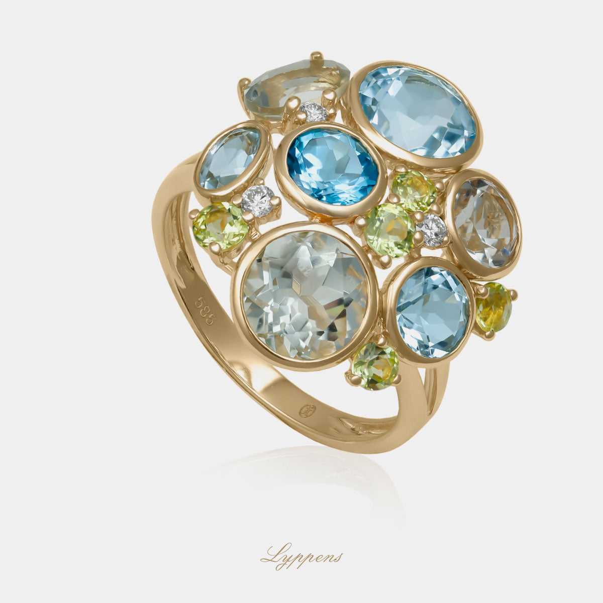 Geelgouden ring met topaas, prasioliet, peridoot en diamant