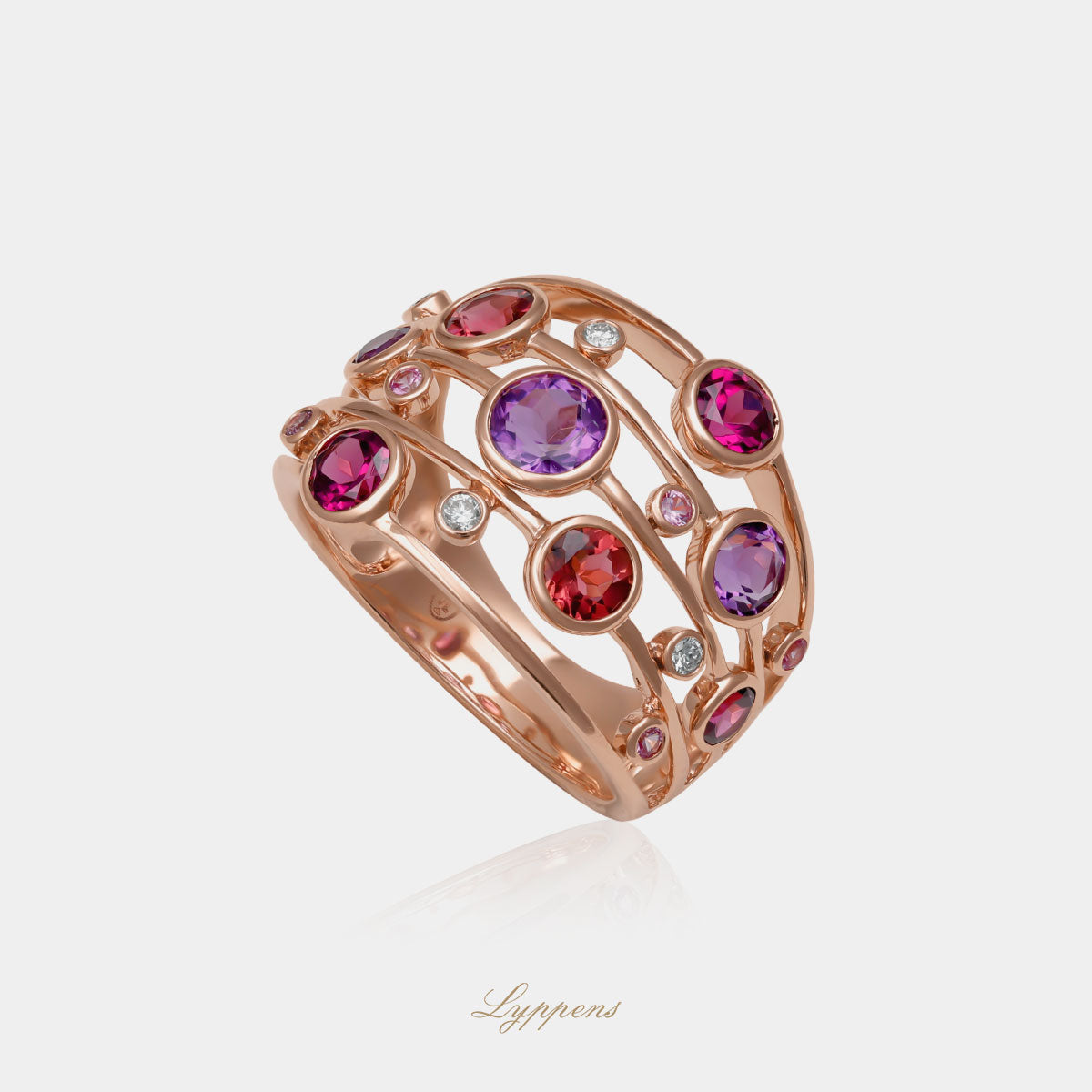 14kt roségouden ring met roze saffier, toermalijn, amethist en diamant 0.07ct H SI