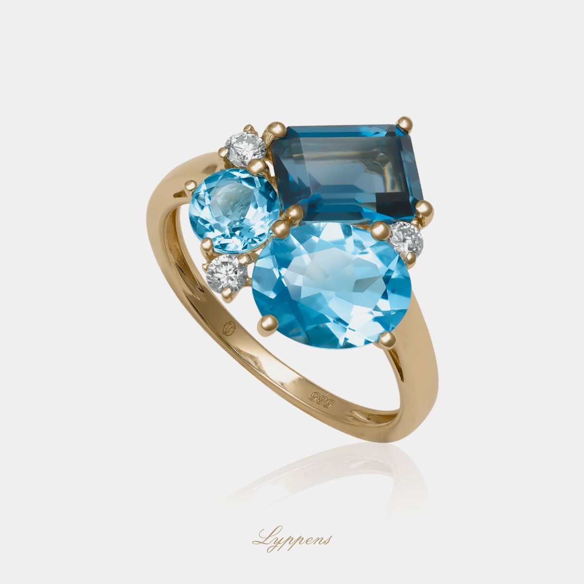 14kt geelgouden cocktail ring met London blue en Swiss blue topaas en diamant 0.18ct H SI