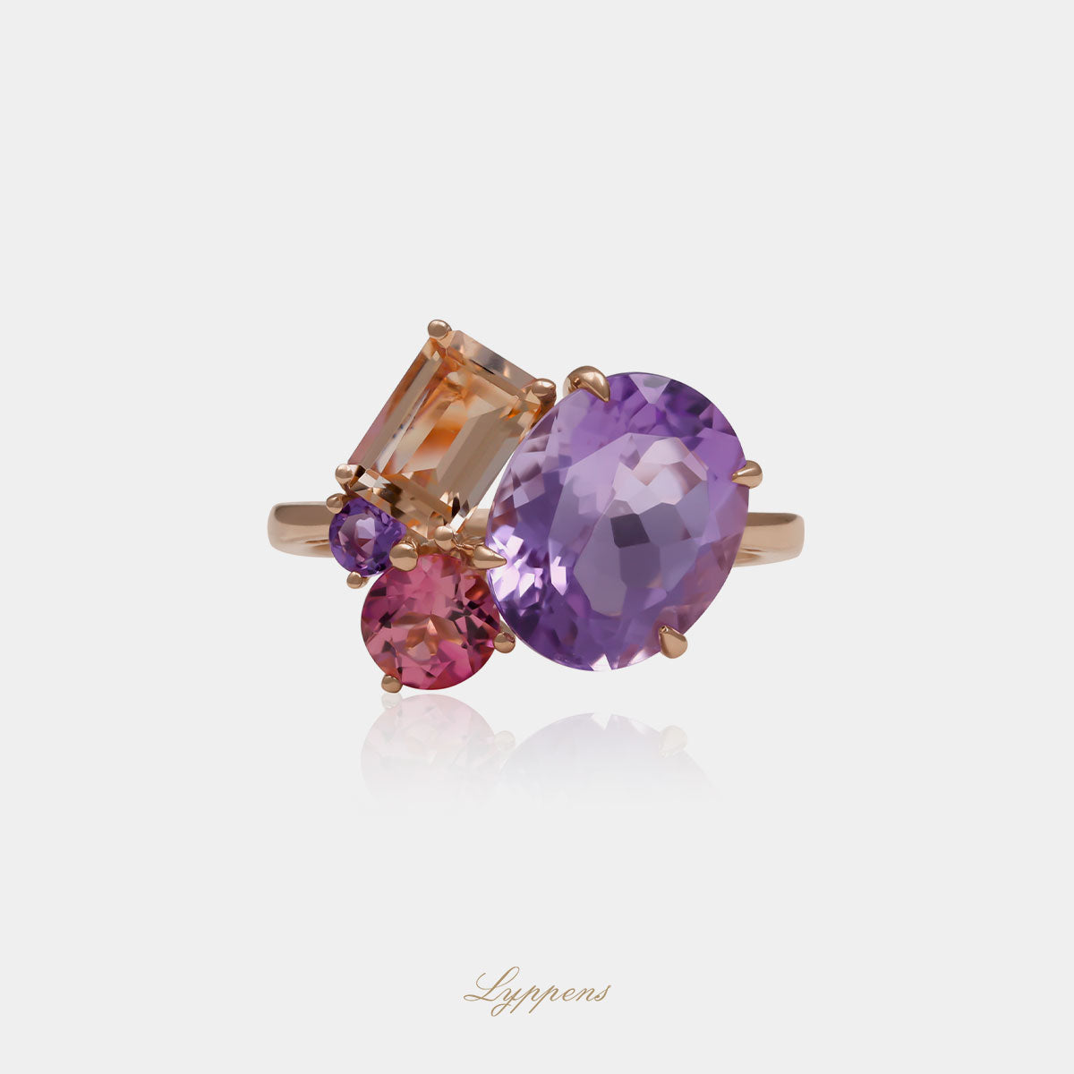 14 karaat roségouden ring met amethist, toermalijn en rechthoekige morganiet