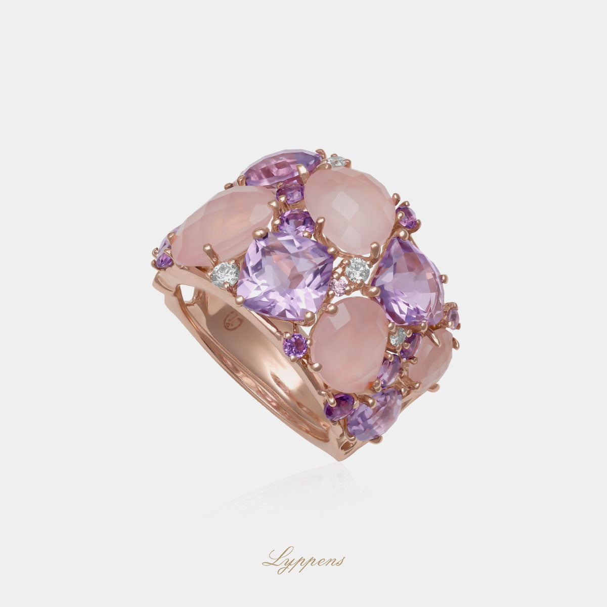 14kt roségouden ring met amethist, rozenkwarts, roze saffier en diamant 0.17ct H SI
