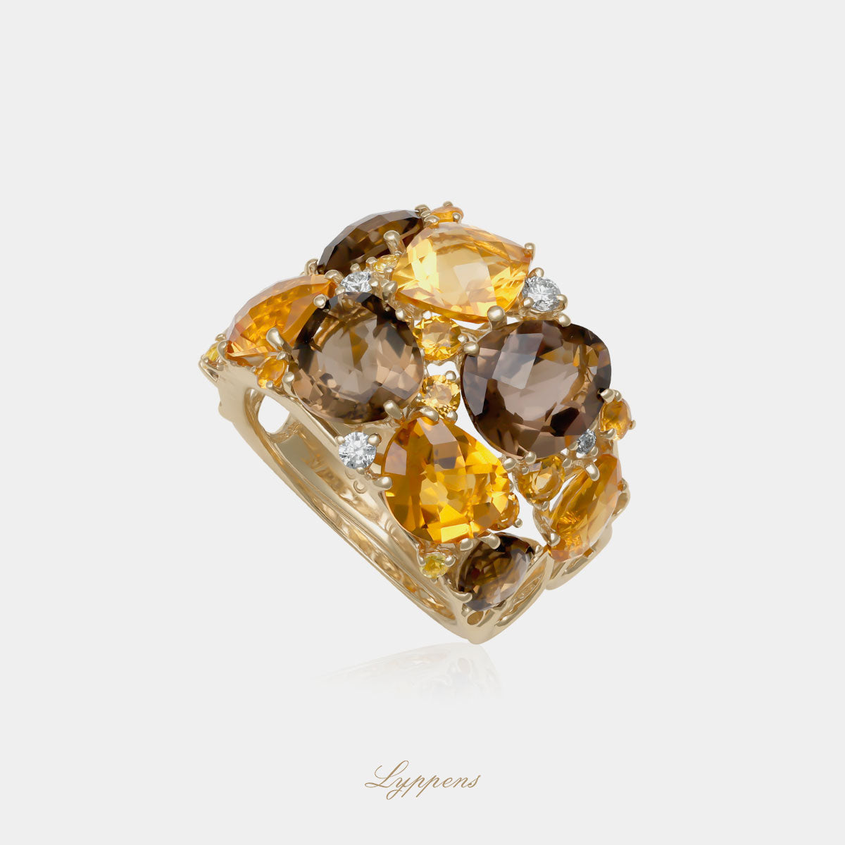 14kt geelgouden ring met citrien, rookkwarts, gele saffier en diamant 0.17ct H SI