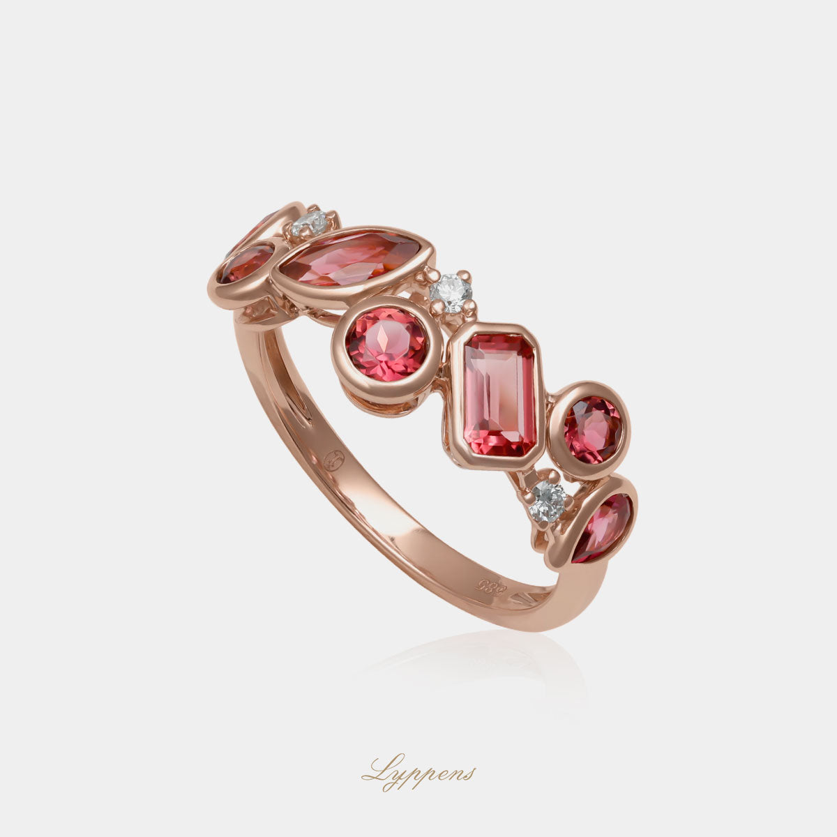 14kt roségouden ring met toermalijn in diverse slijpvormen en diamant 0.07ct H SI