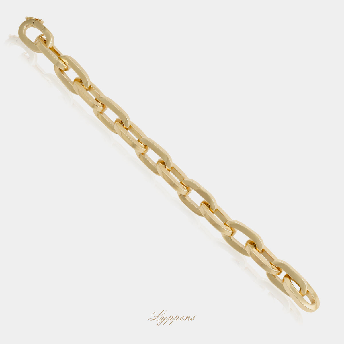 14kt geelgouden armband met fantasie schakels in ovale, platte vorm