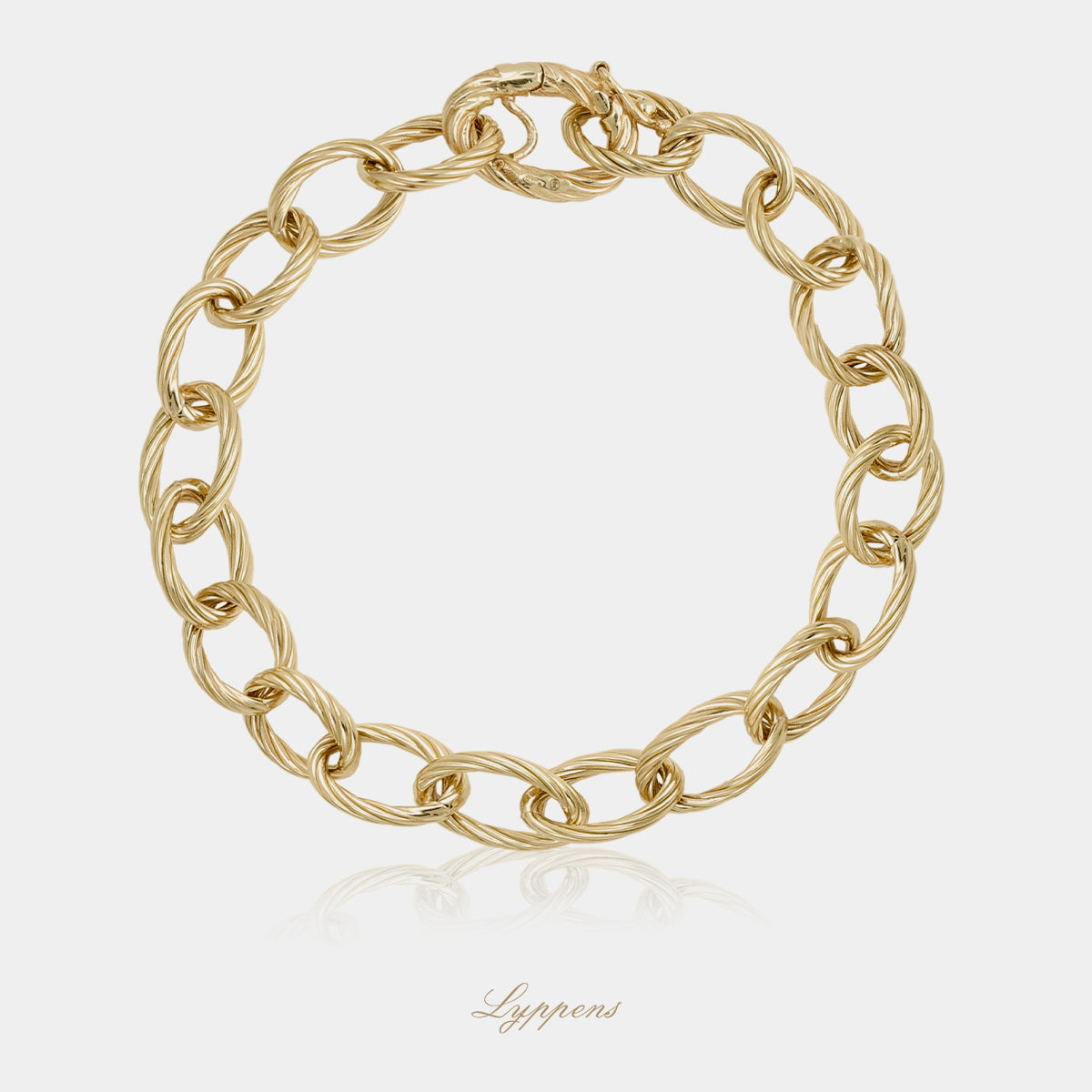 14kt geelgouden fantasie schakelarmband met ovale getorste schakels