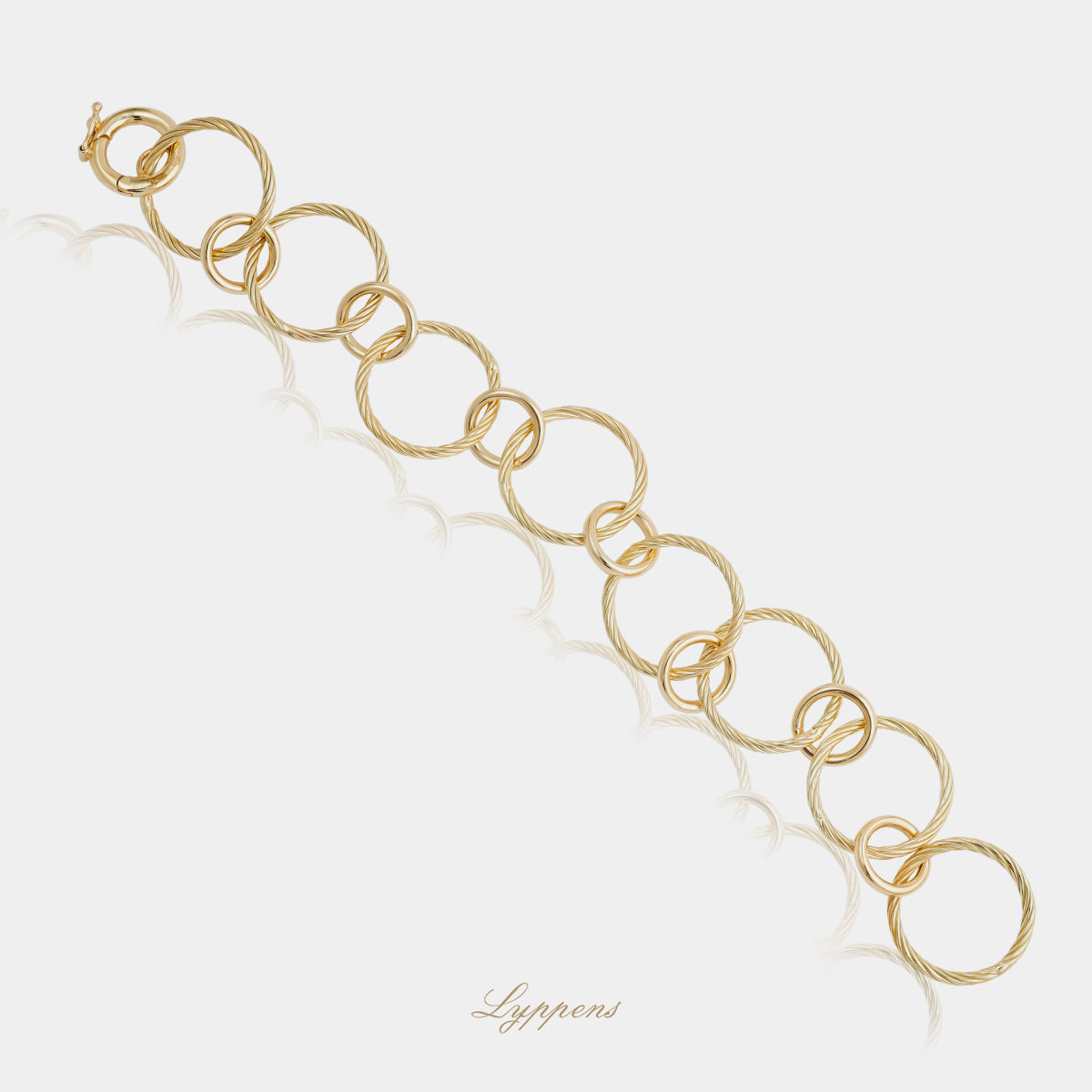 14kt geelgouden armband met fantasie schakels van getorst en glad goud