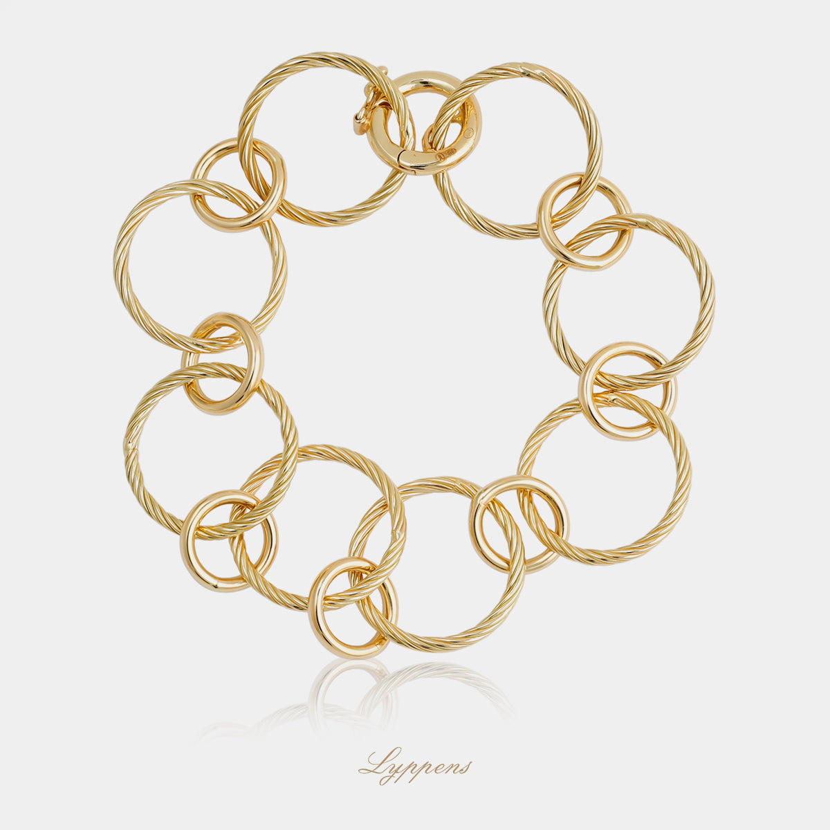 14kt geelgouden fantasie schakelarmband met afwisselend getorste en gladde ronde schakels