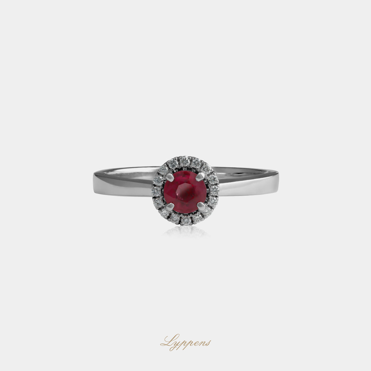 18kt witgouden entourage ring met rond geslepen robijn en 0.08ct briljant geslepen diamanten