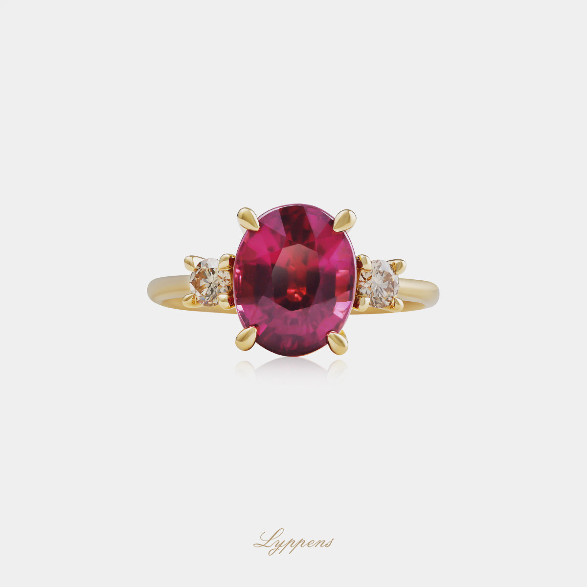 Geelgouden ring met rhodoliet en bruine diamant