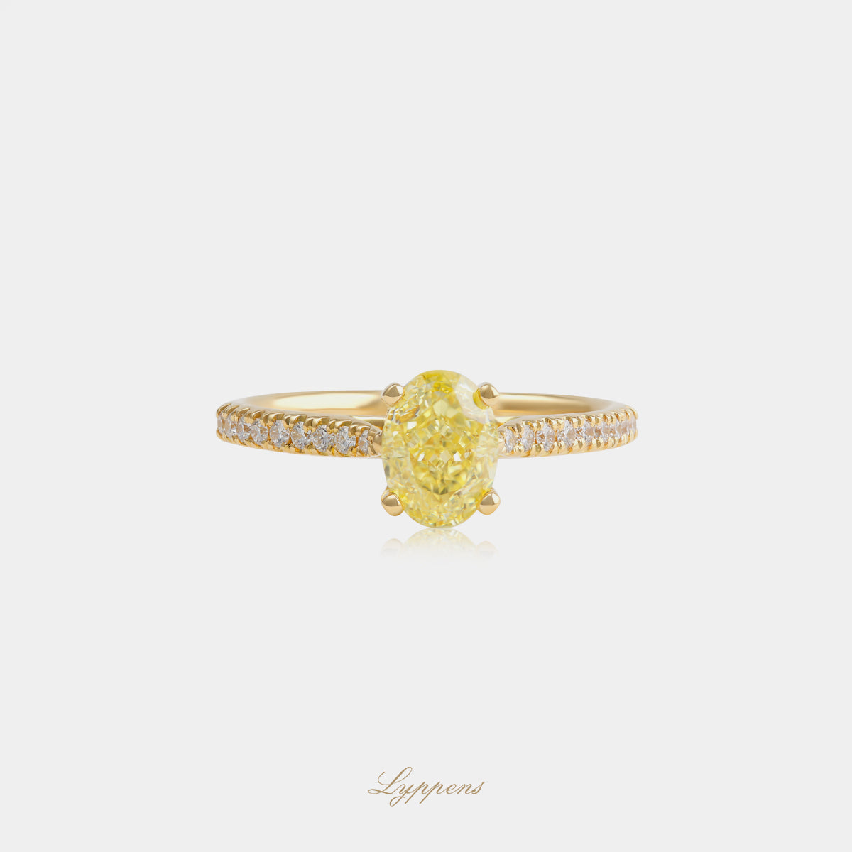 18kt geelgouden solitair ring met 1.31ct ovaal fancy intense yellow diamant VVS2 en pavé 0.17ct G SI1, GIA