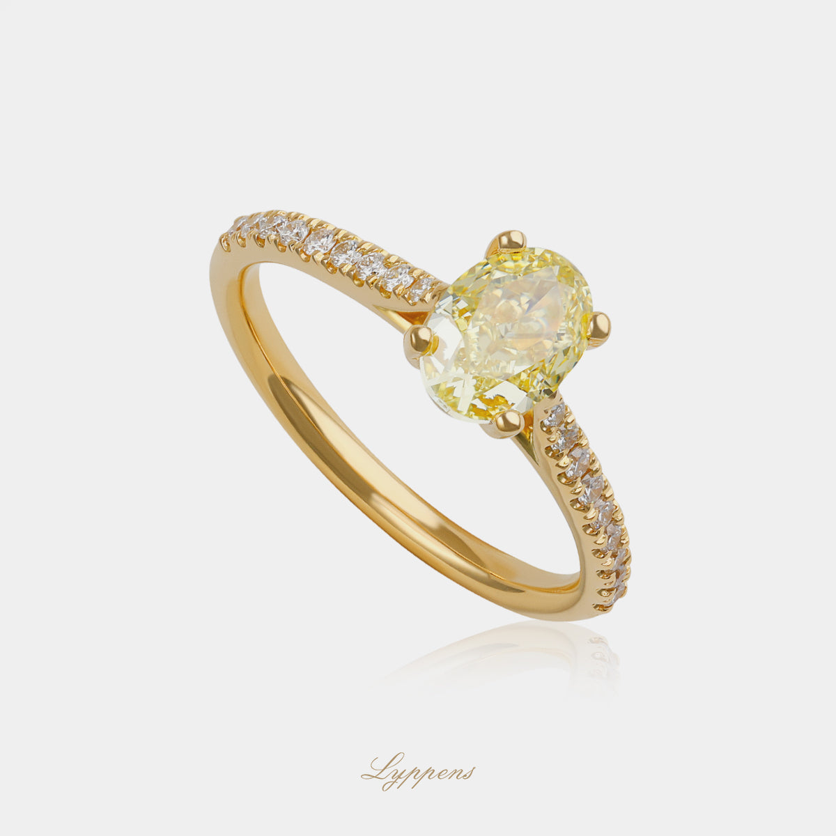 18 karaat geelgouden verlovingsring met 1.31ct fancy intense yellow diamant en pavé band, GIA