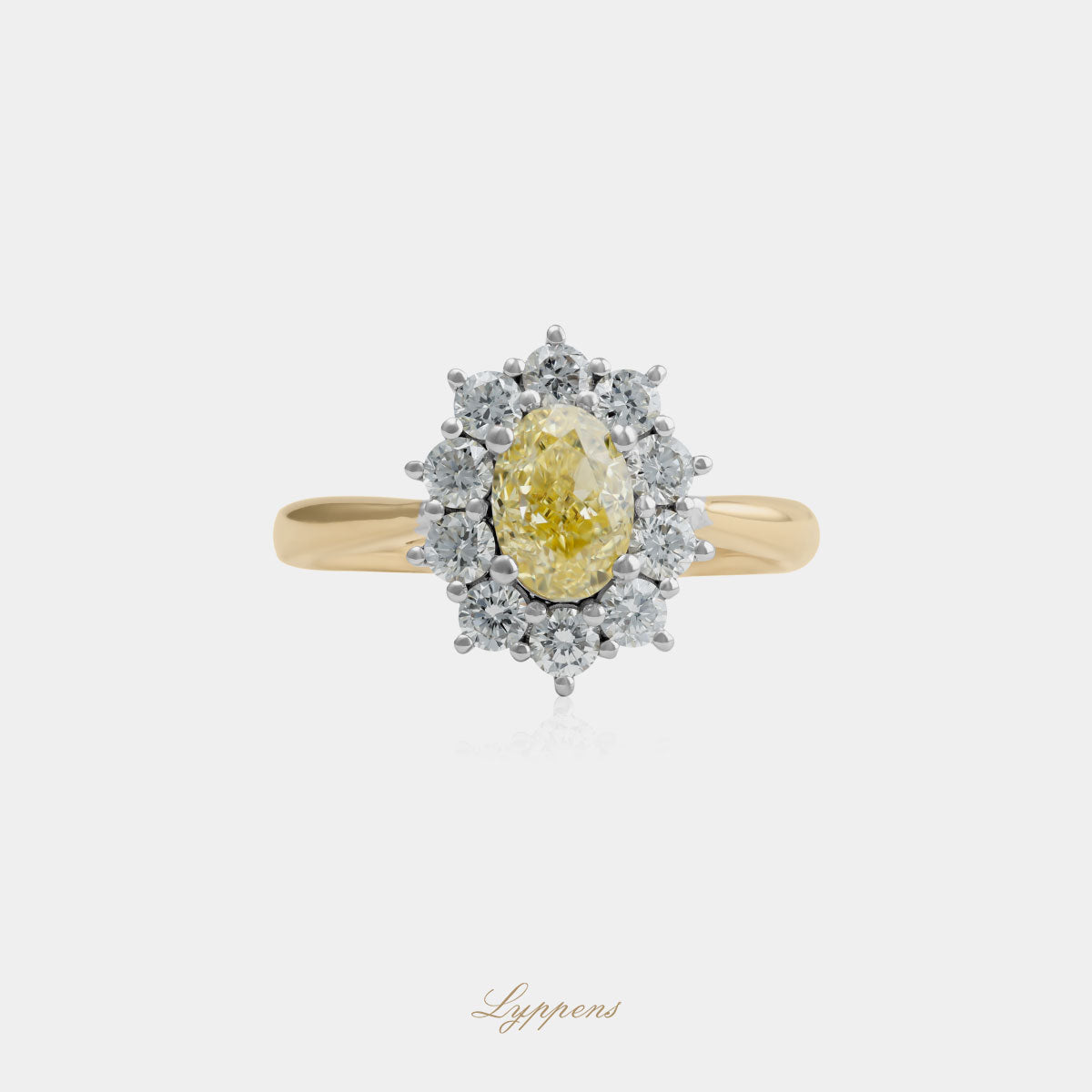 18kt geel- en witgouden ring met 1.00ct fancy intense yellow GIA diamant en 0.60ct diamant entourage