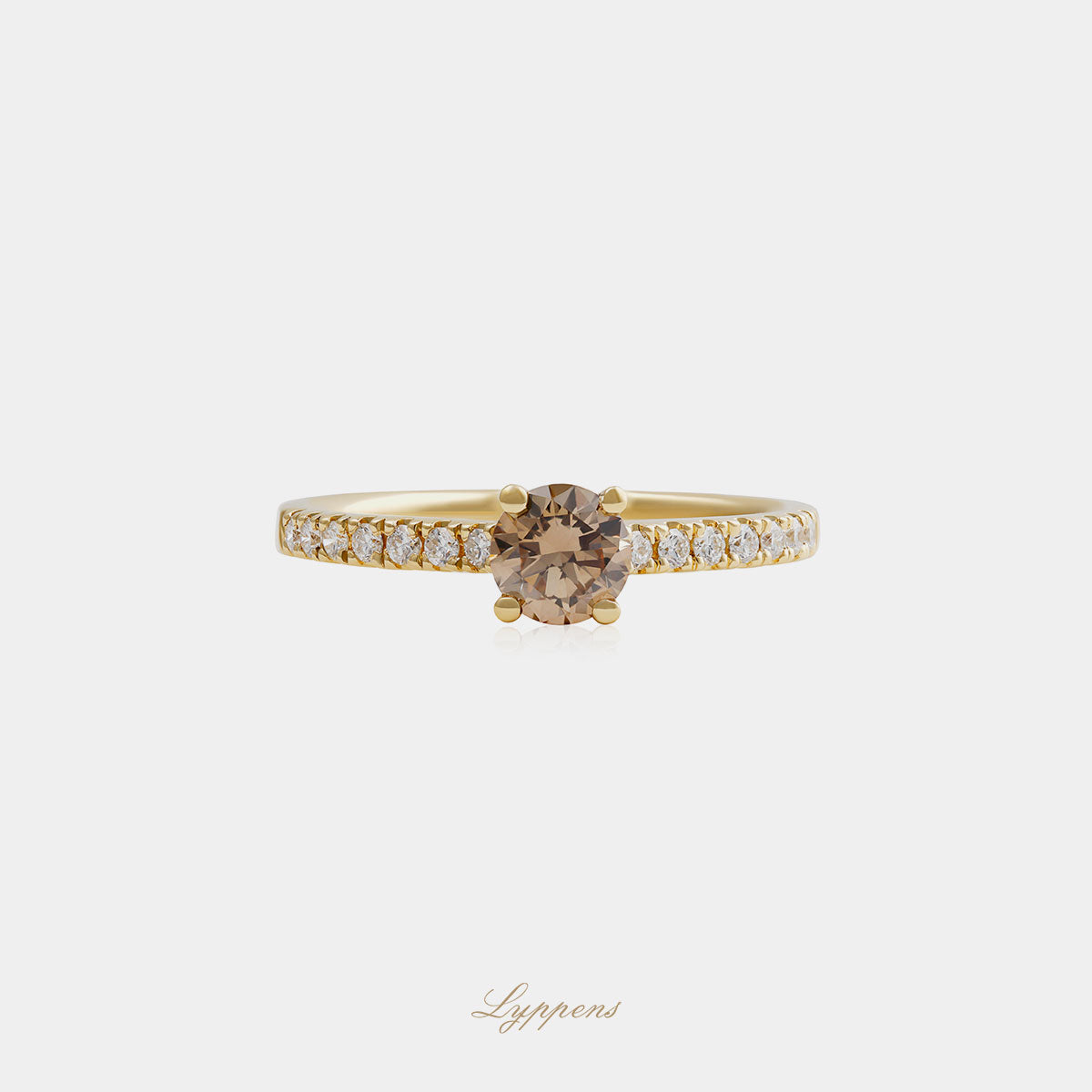 18kt geelgouden solitair ring met 0.52ct bruine diamant en 0.20ct pavé gezette diamanten