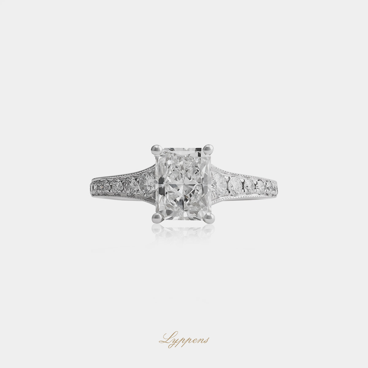 18kt witgouden solitair ring met 1.50ct radiant diamant G SI1 en zijdiamanten 0.35ct, GIA