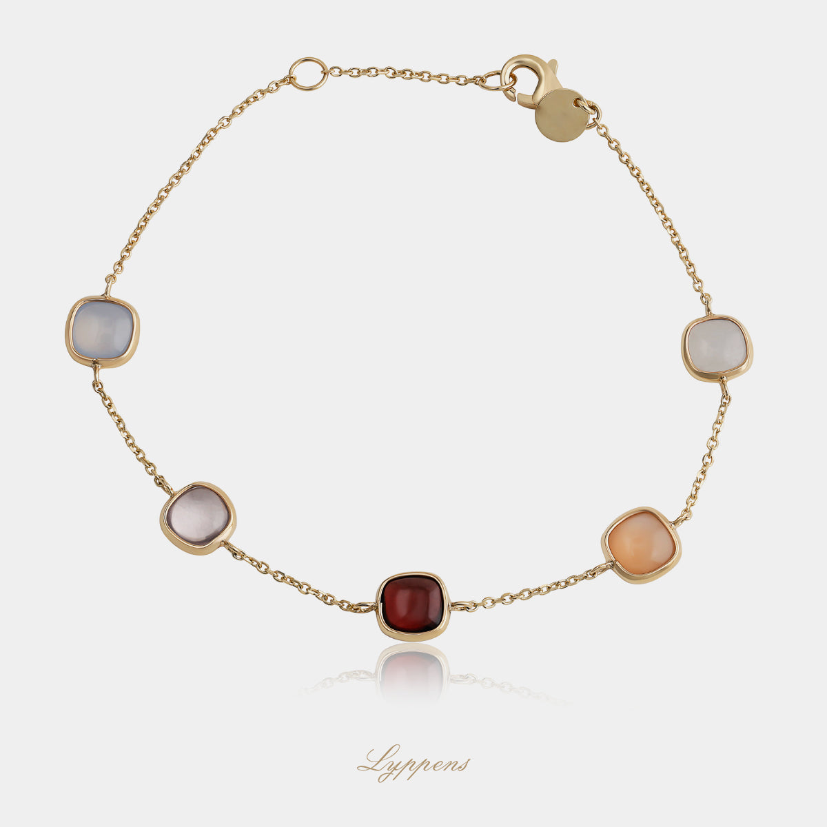 Geelgouden armband met jade, kwarts, chalcedoon en rhodoliet
