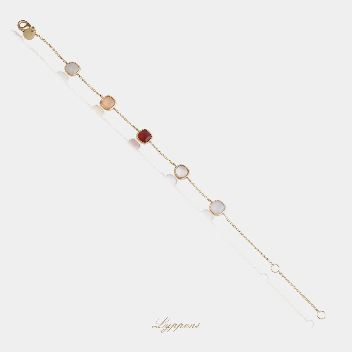 Geelgouden armband met jade, kwarts, chalcedoon en rhodoliet