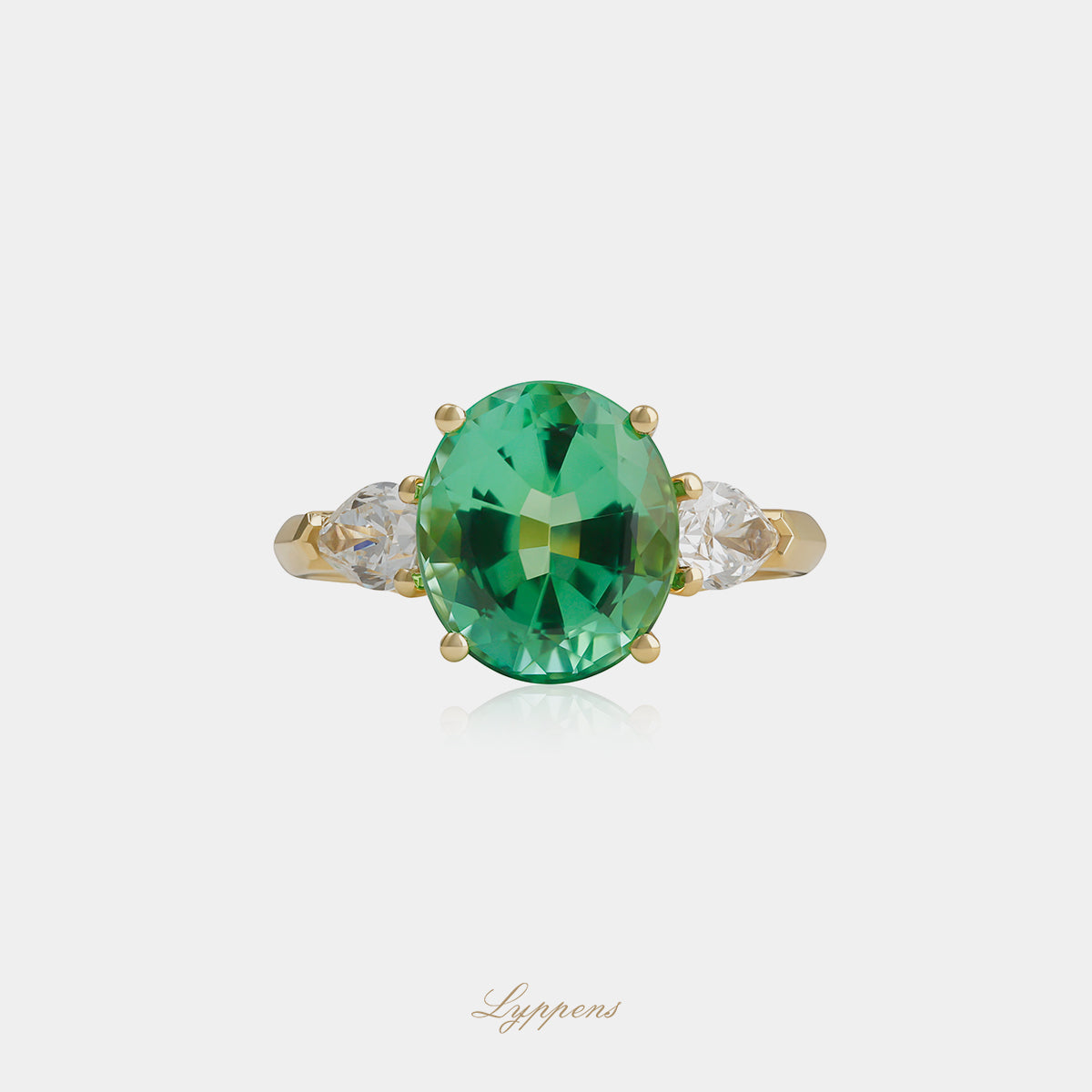 18kt geelgouden ring met 3.60ct ovaal toermalijn Namibië en peer diamant 0.70ct D VS1, GIA