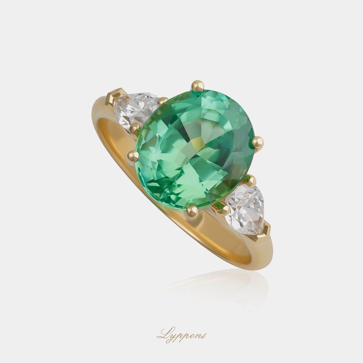 18 karaat geelgouden ring met ovaal toermalijn 3.60ct en peer geslepen diamant, GIA gecertificeerd