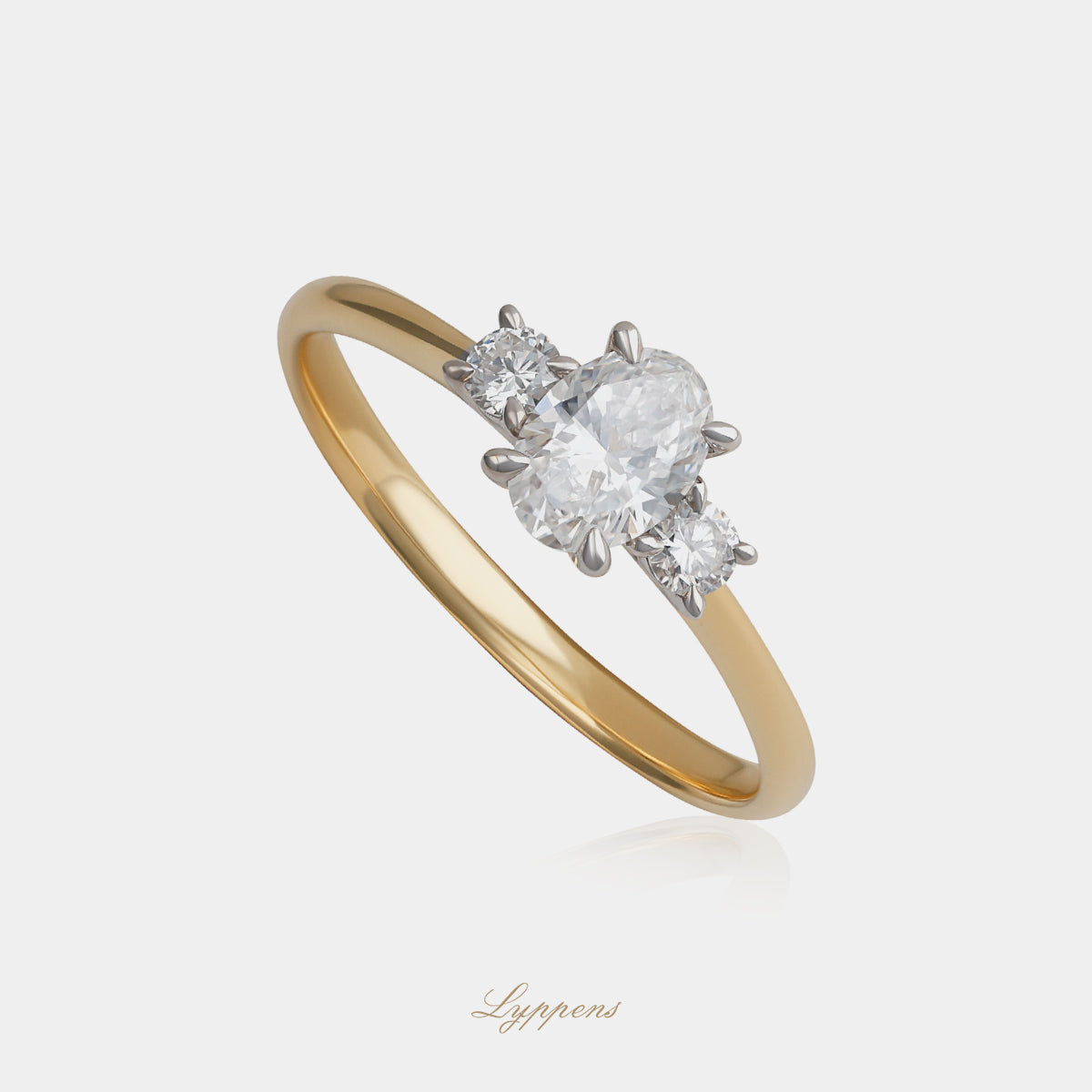 18 karaat geel witgouden ring met ovaal geslepen diamant 0.51ct D VVS1 en zijdiamanten, GIA gecertificeerd