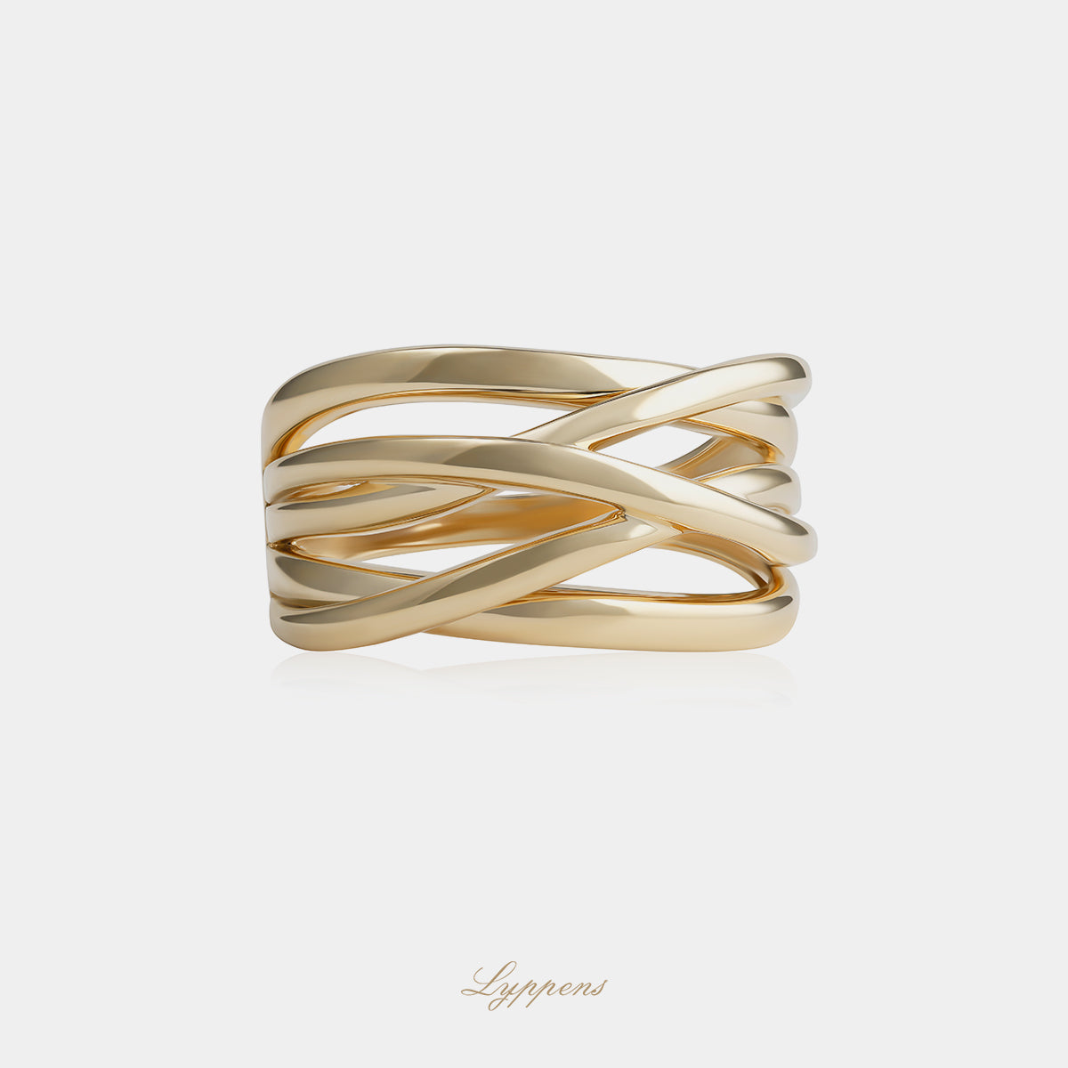 14kt geelgouden fantasie ring met kruisende banen en modern design