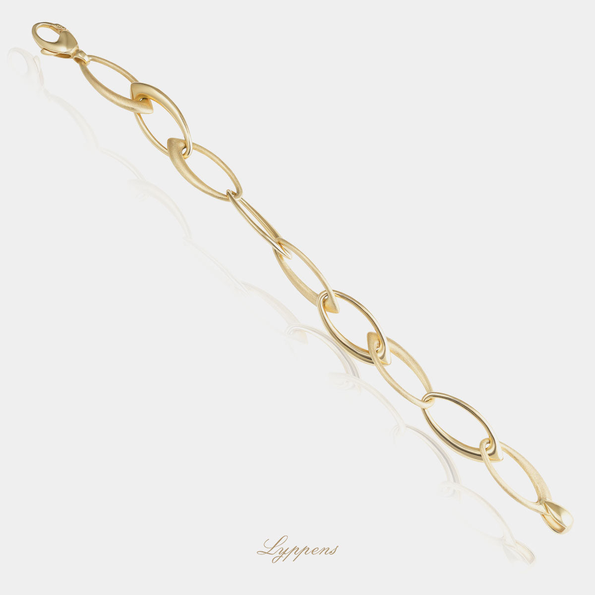 14 karaat geelgouden armband met navettevormige schakels 19,5 cm en 17 mm breed