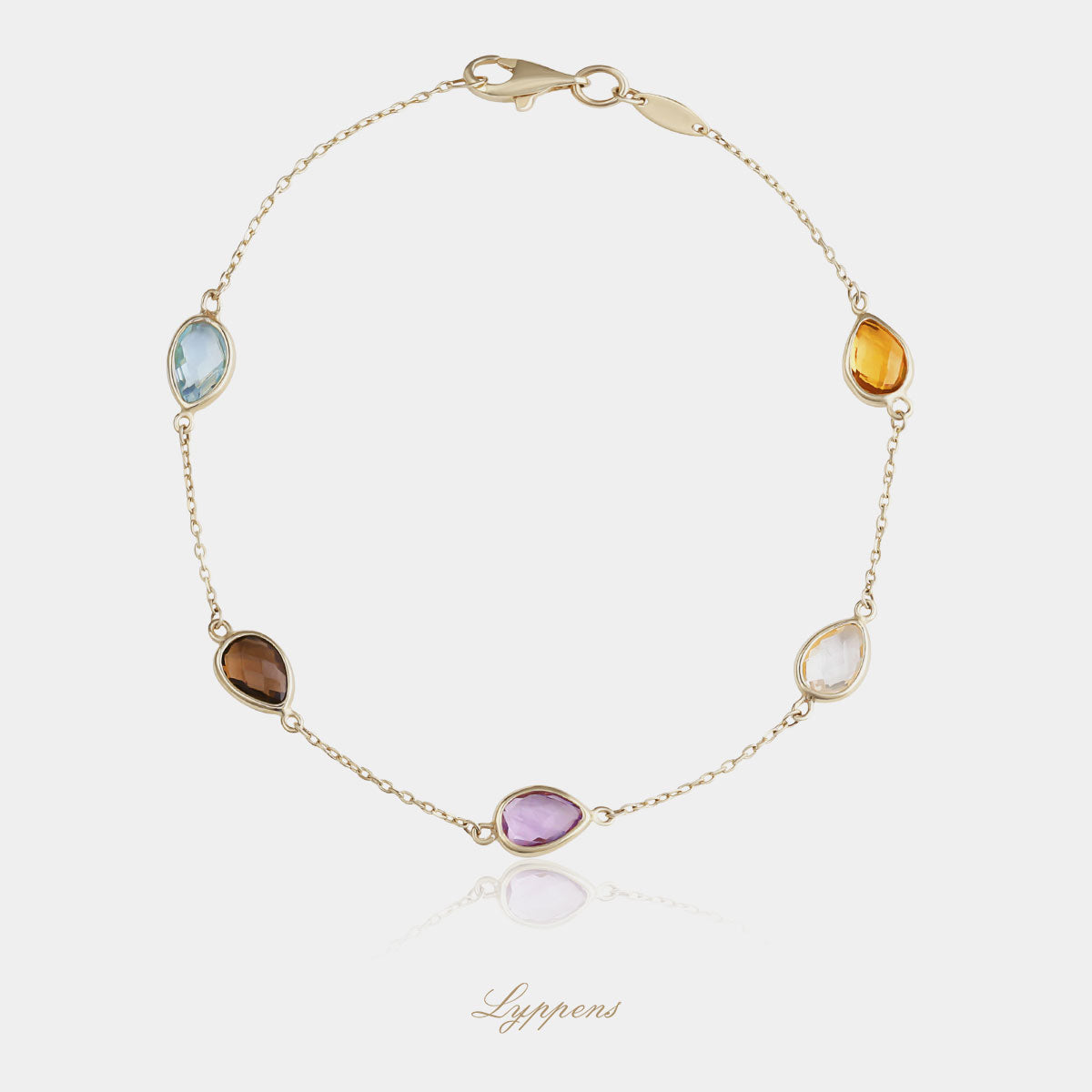 Yellow gold bracelet featuring various gemstones