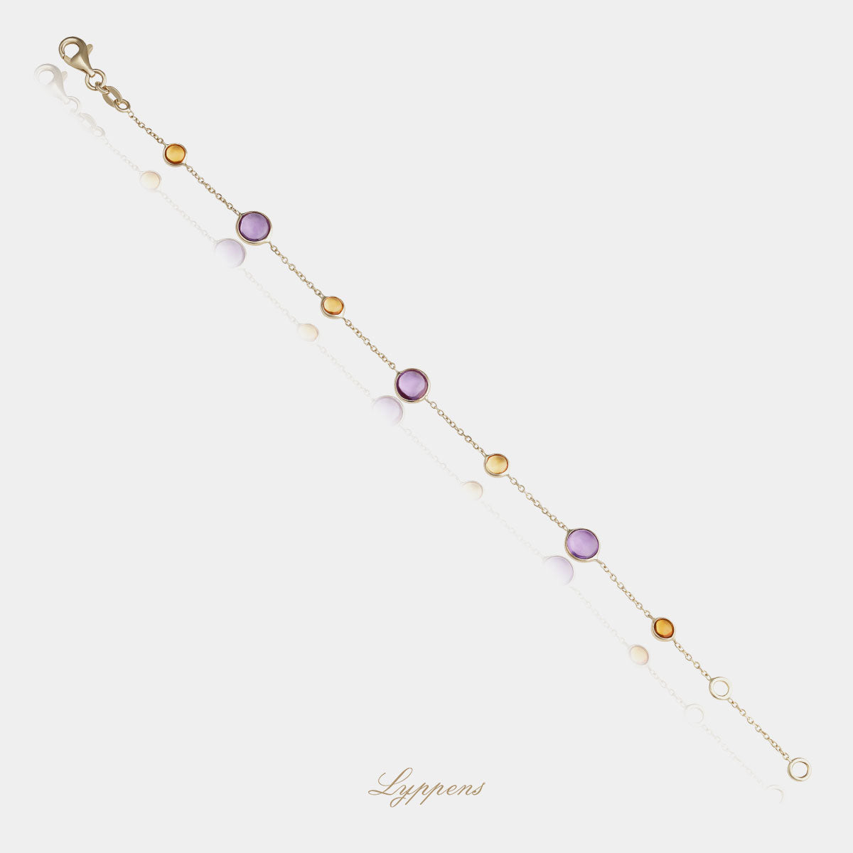 14 karaat geelgouden armband met anker schakels, amethist en citrien in kleurrijk design