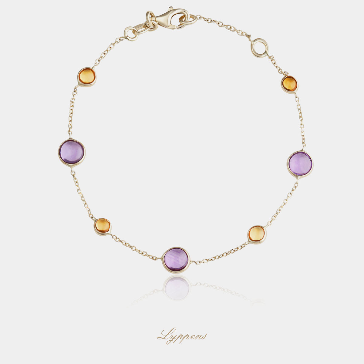 14 karaat geelgouden anker schakelarmband met rond geslepen amethist en citrien