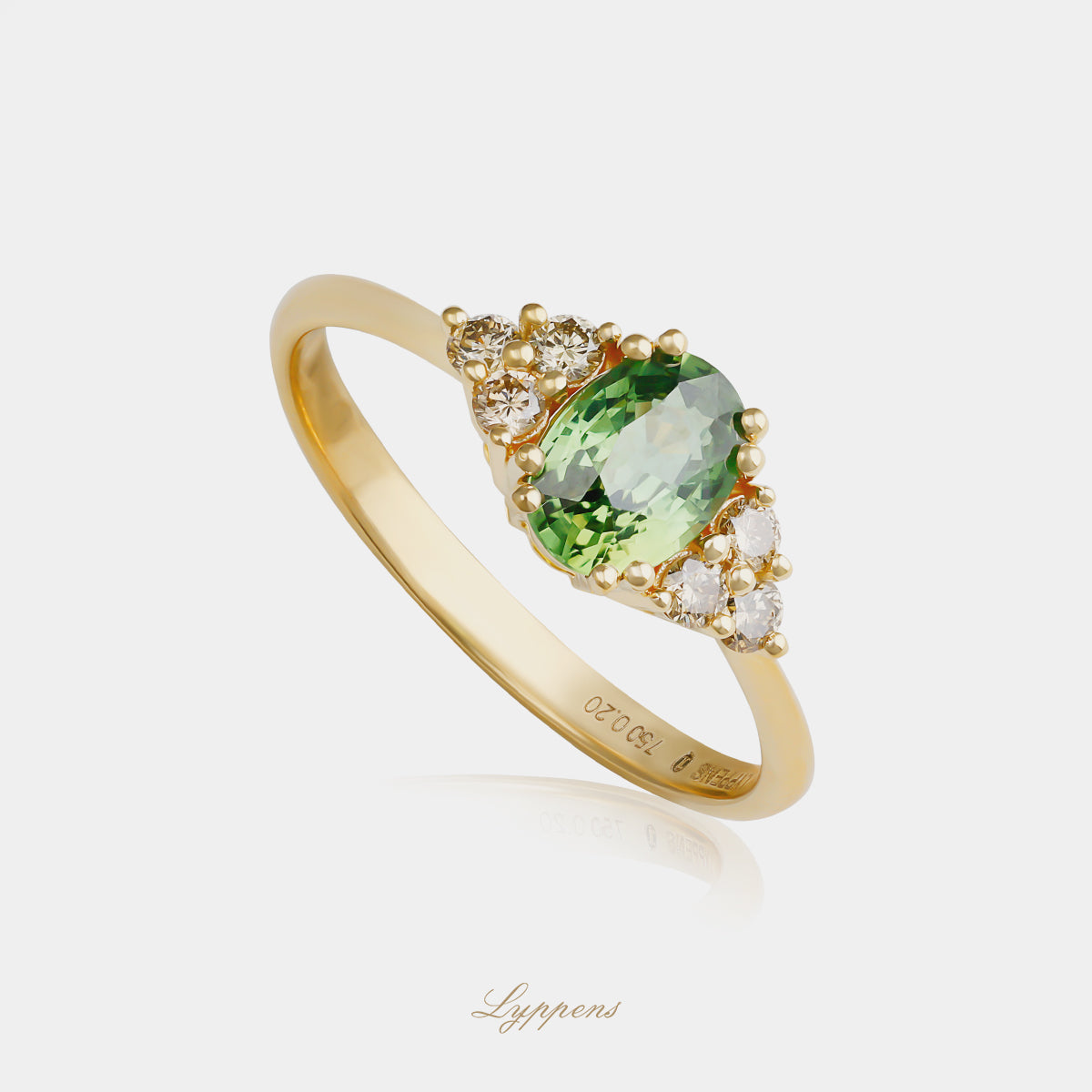 Geelgouden ring met groene saffier en bruine diamant