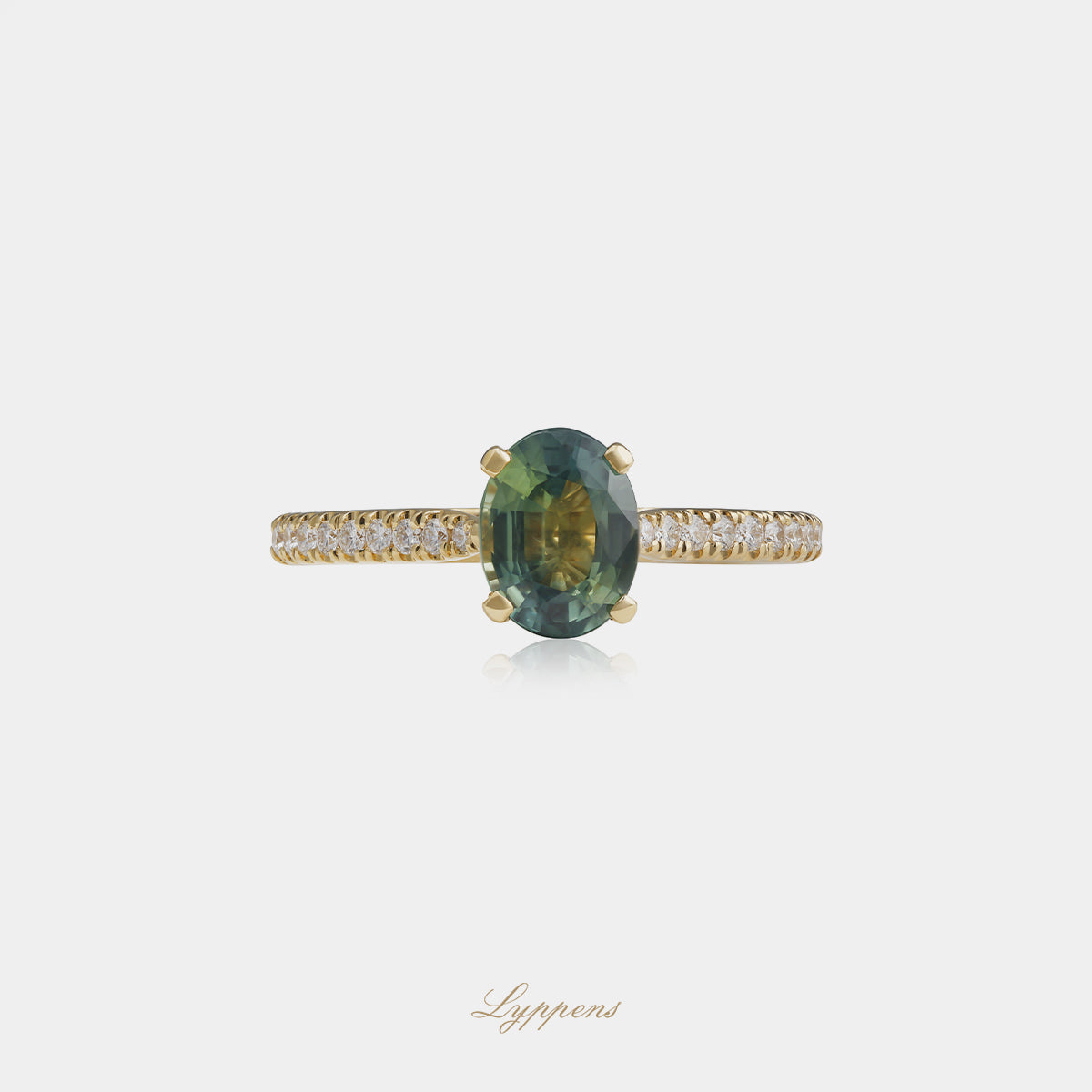 Geelgouden solitair ring met teal saffier en diamant