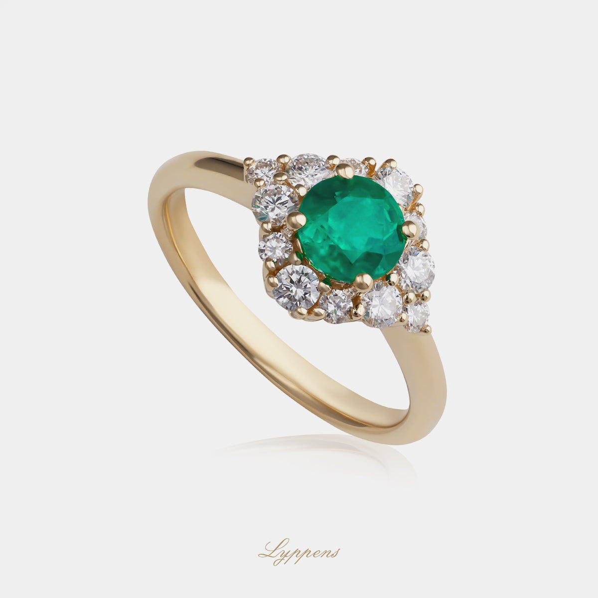 Geelgouden entourage ring met smaragd en diamant