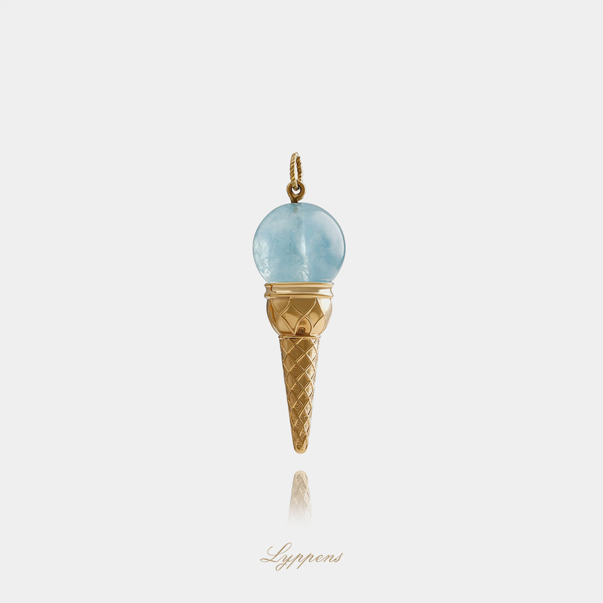 Yellow gold ice cream cone pendant with aquamarine