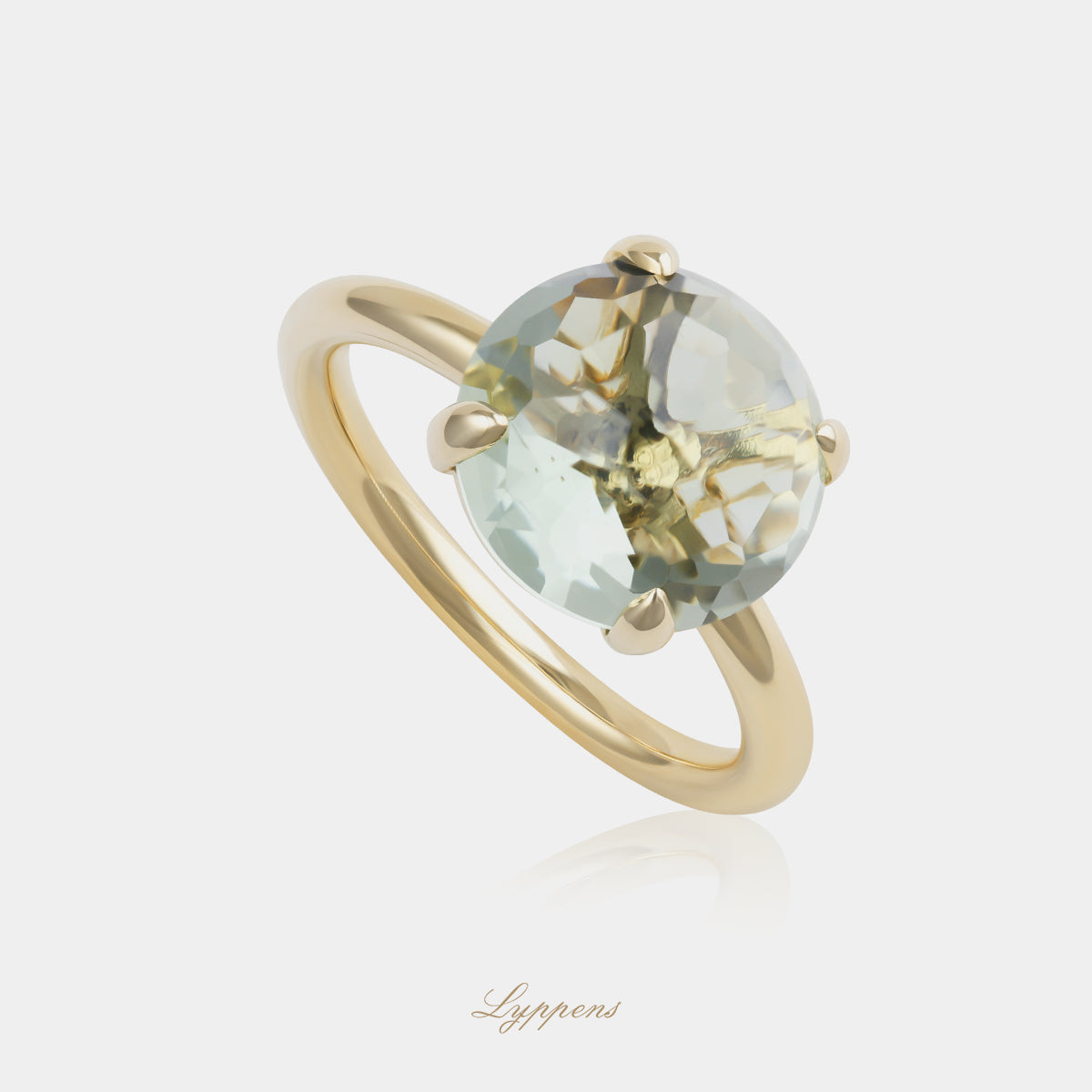 14 karaat geelgouden ring uit de Capri collectie met rond gefacetteerde prasioliet, prachtig te combineren met andere ringen uit de collectie