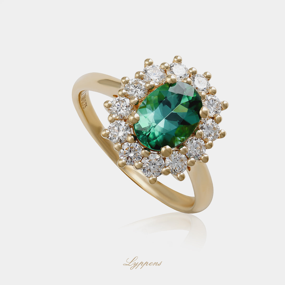 Yellow gold halo ring with tourmaline and diamonds
