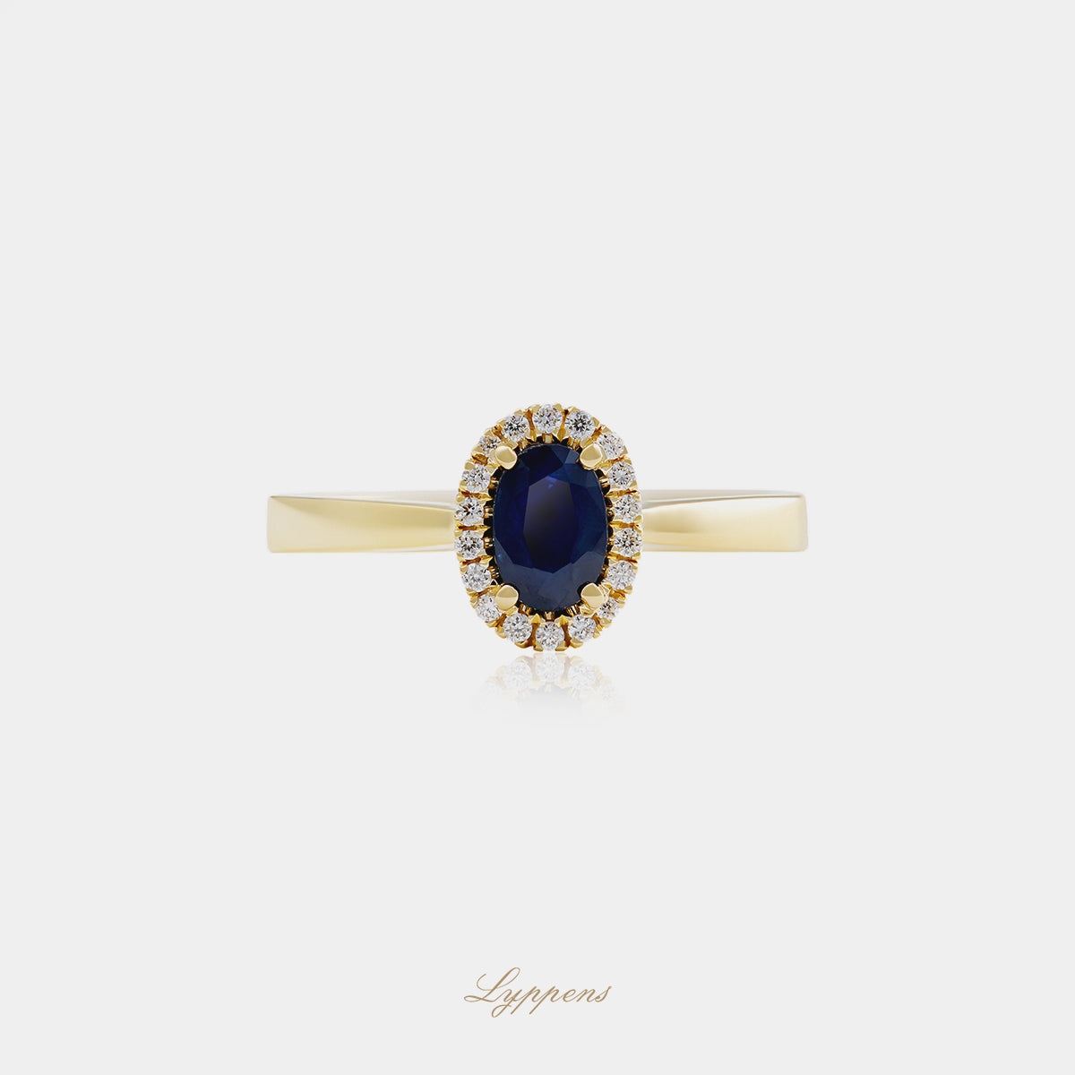 18kt geelgouden entourage ring met ovaal blauwe saffier en diamant halo 0.09ct G SI1