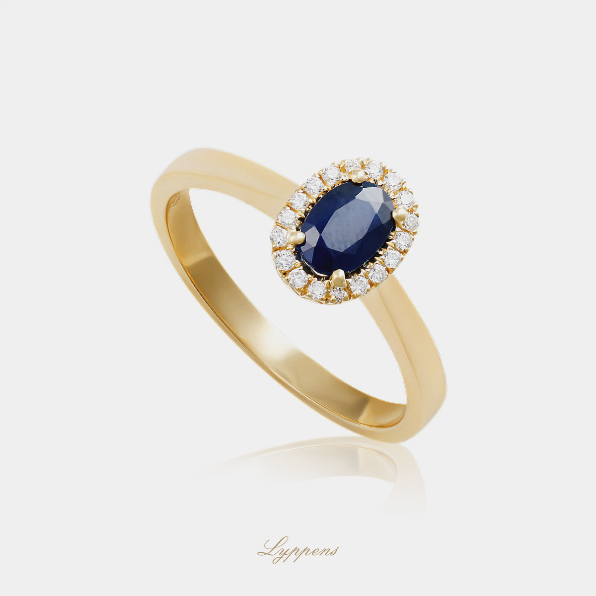 18 karaat geelgouden ring met blauwe saffier en briljant geslepen diamant entourage 0.09ct G SI1