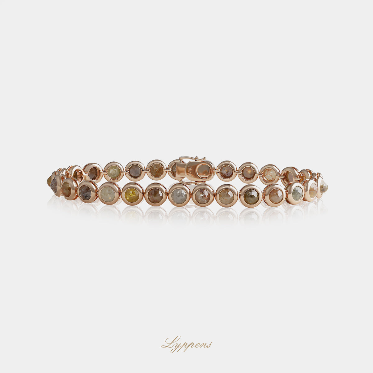 18kt roségouden tennisarmband met roosgeslepen diamanten in diverse natuurlijke kleurnuances, totaalgewicht 11.50ct