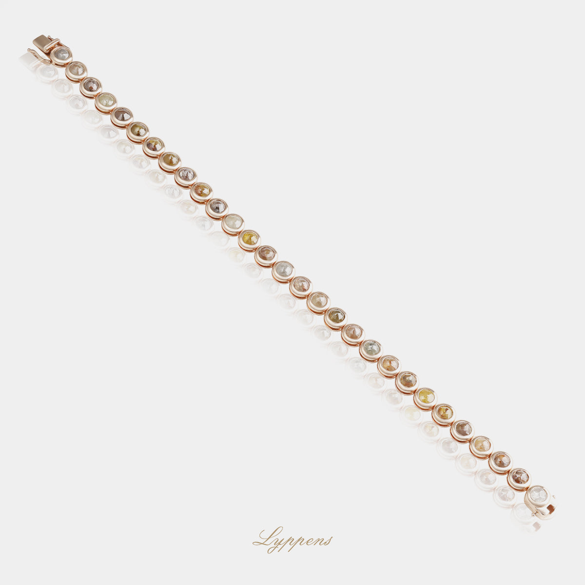 18kt roségouden diamanten tennisarmband met roosgeslepen diamanten in verschillende kleuren, totaal 11.50ct