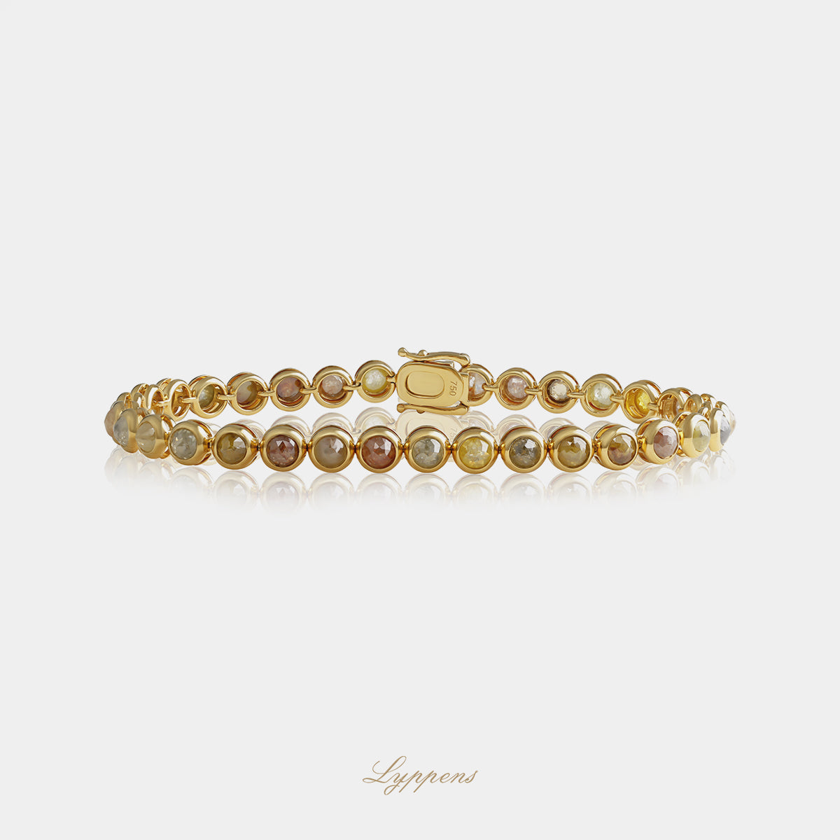 18kt geelgouden tennisarmband met roosgeslepen diamanten in diverse natuurlijke kleurnuances, totaalgewicht 9.50ct