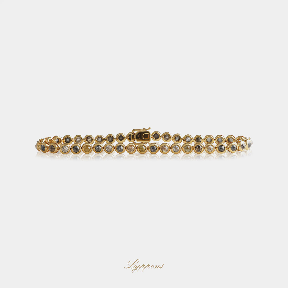 18kt geelgouden tennisarmband met roosgeslepen diamanten in diverse natuurlijke kleurnuances, totaalgewicht 5.50ct